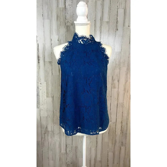 Diane‎ Von Furstenberg Women's Small Jemmie Blue Lace High Neck Sleeveless Top - Picture 2 of 7